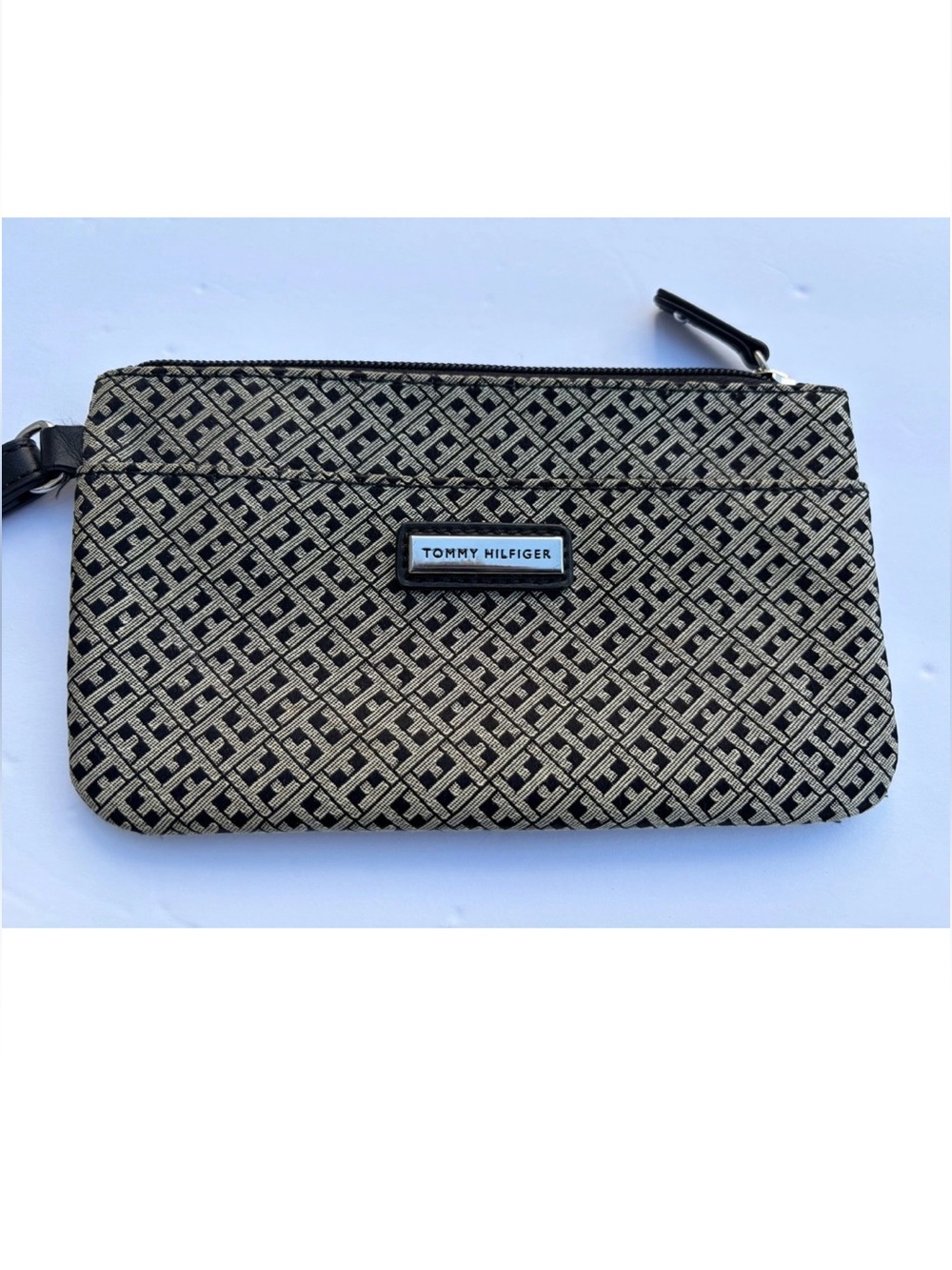 Tommy Hilfiger Black and Cream Monogram Pouch Wristlet